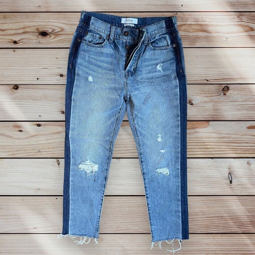 PISTOLA Charlie High Rise Straight Leg Jeans Size 27 Raw Hem Tonal Tuxedo Stripe